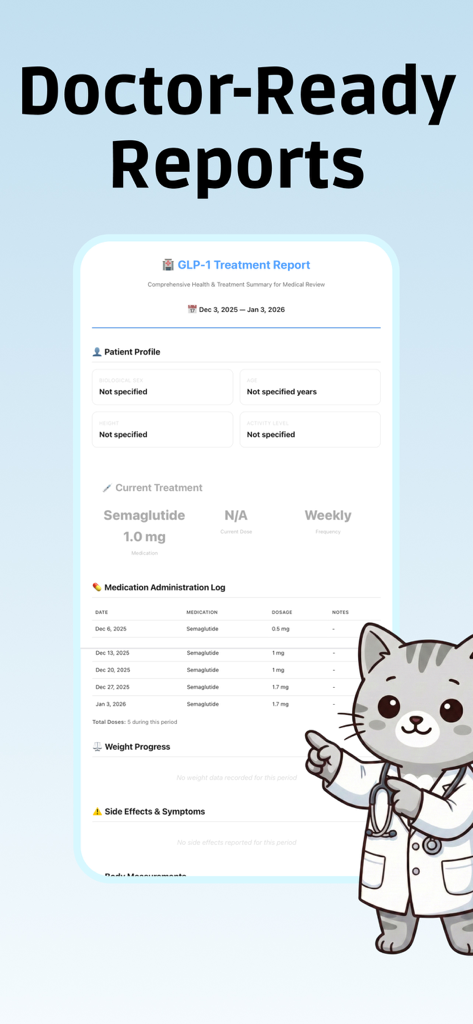 A screenshot of the Enzo app showing a comprehensive GLP-1 treatment report with a medication log and a cartoon cat doctor mascot.