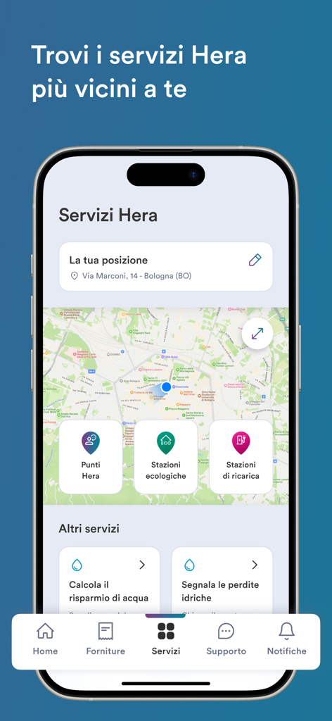 Mobile screen showing the My Hera app map interface with locations for utility service points and electric vehicle charging stations