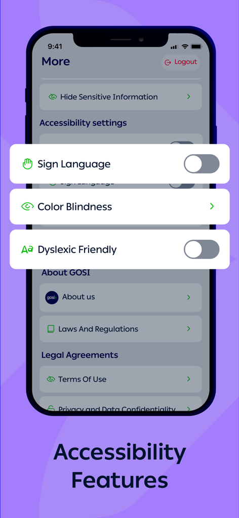 GOSI app accessibility settings menu displaying options for sign language color blindness and dyslexic friendly modes