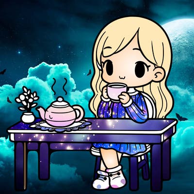 a girl drinking tea at a table with a teapot on the table