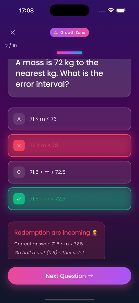 MathsVibes - MathsVibes App Quizbildschirm mit einer Fehlerintervallfrage und Multiple-Choice-Antworten mit einem Tipp für den Wiedergutmachungsbogen.