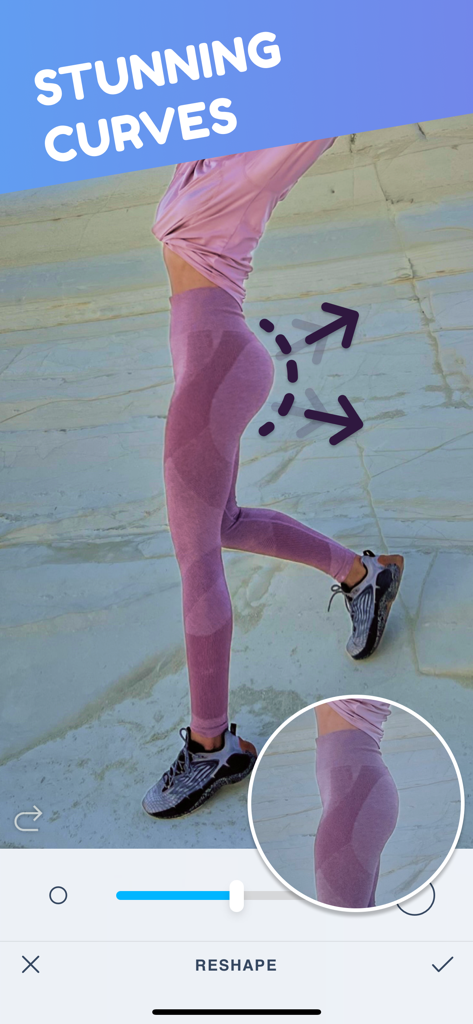 Body editor app interface showing the reshape feature for stunning curves.