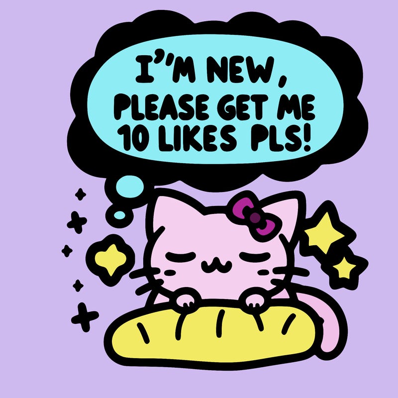 kitty taking a nap dream talking and saying "i'm new, please get me at least 10 likes pls!!"
