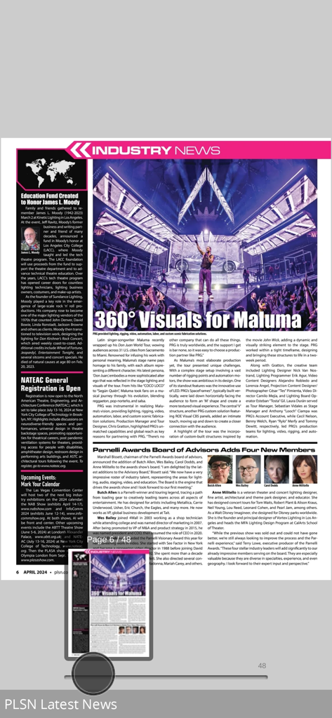 PLSN - A digital page from PLSN magazine showing 360 degree stage visuals for Maluma and industry news articles