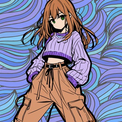 anime teen girl with baggy pants and crop top with sweater