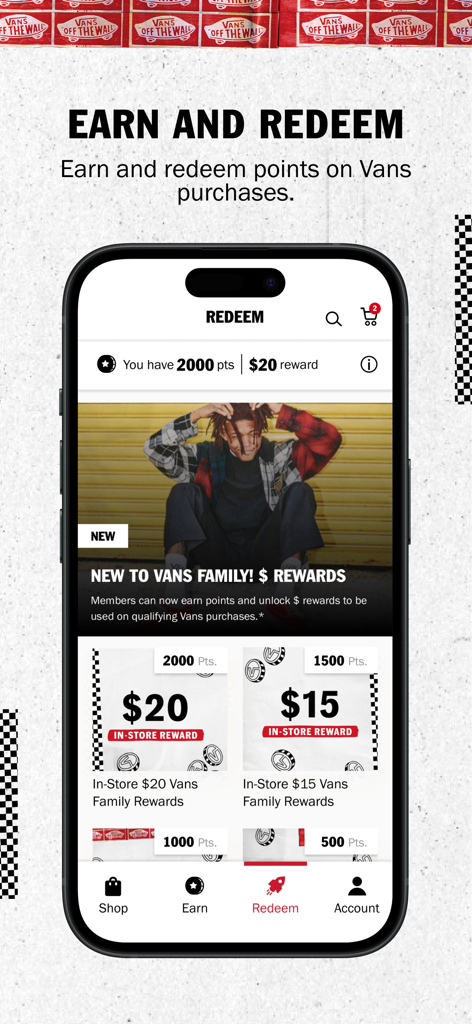Vans Family - Interface of the Vans Family app showing points balance and available in-store rewards