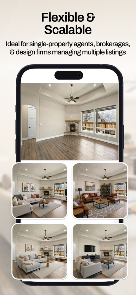 Virtual Staging AI - Stager - A smartphone interface showing an empty room being transformed with four different AI-generated furniture styles for real estate marketing