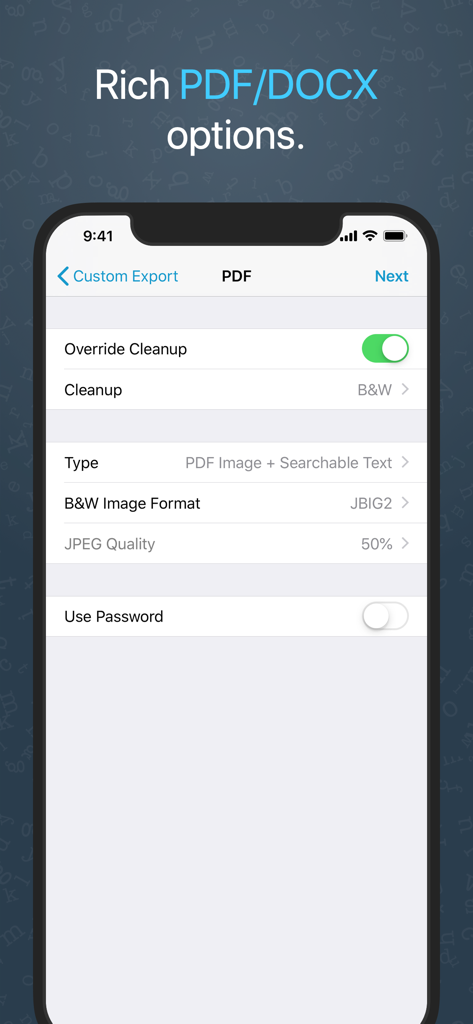Prizmo › Edu/Biz (Volume Ed.) - Prizmo app interface showing advanced PDF export settings like searchable text and image quality options.
