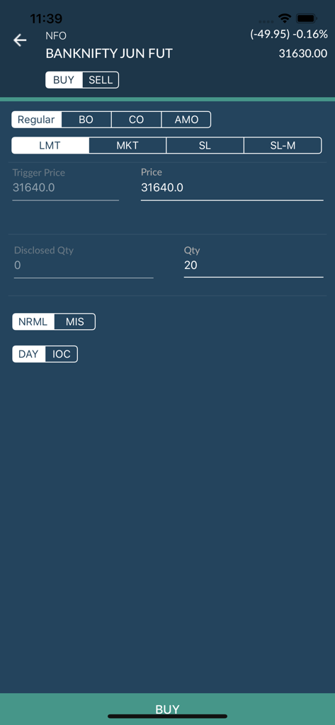 Stocko - Stocko app interface showing the buy order placement screen for Bank Nifty futures