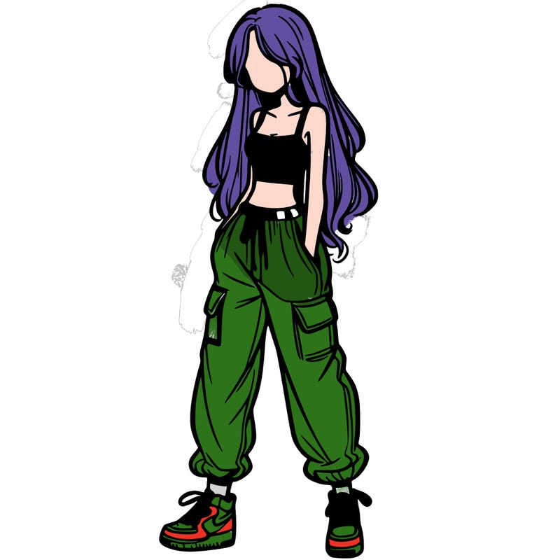 girl in baggy pants crop top and long hair