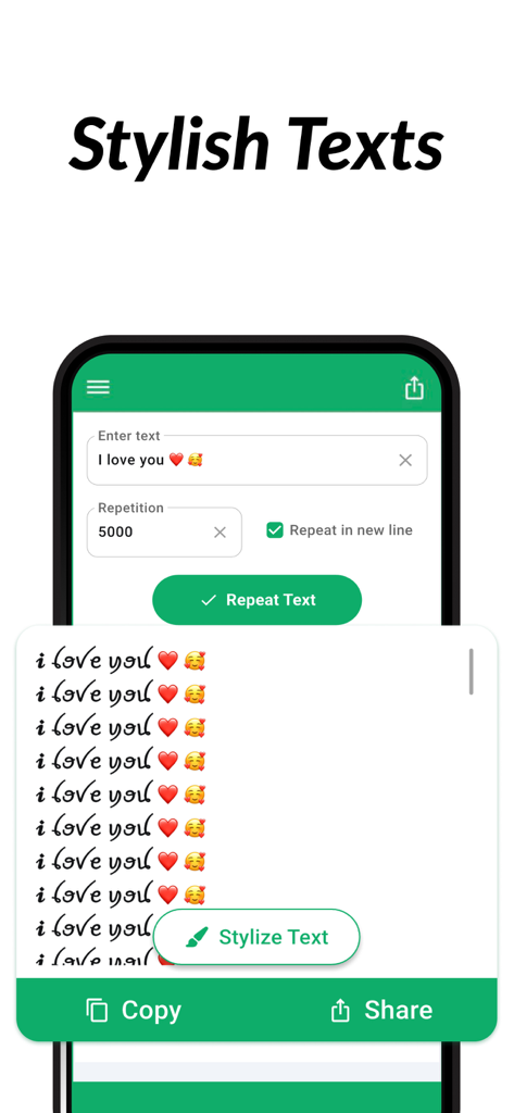 Text Repeater: Repeat Text App - Interface of Text Repeater app showing stylized text repetition for social messaging