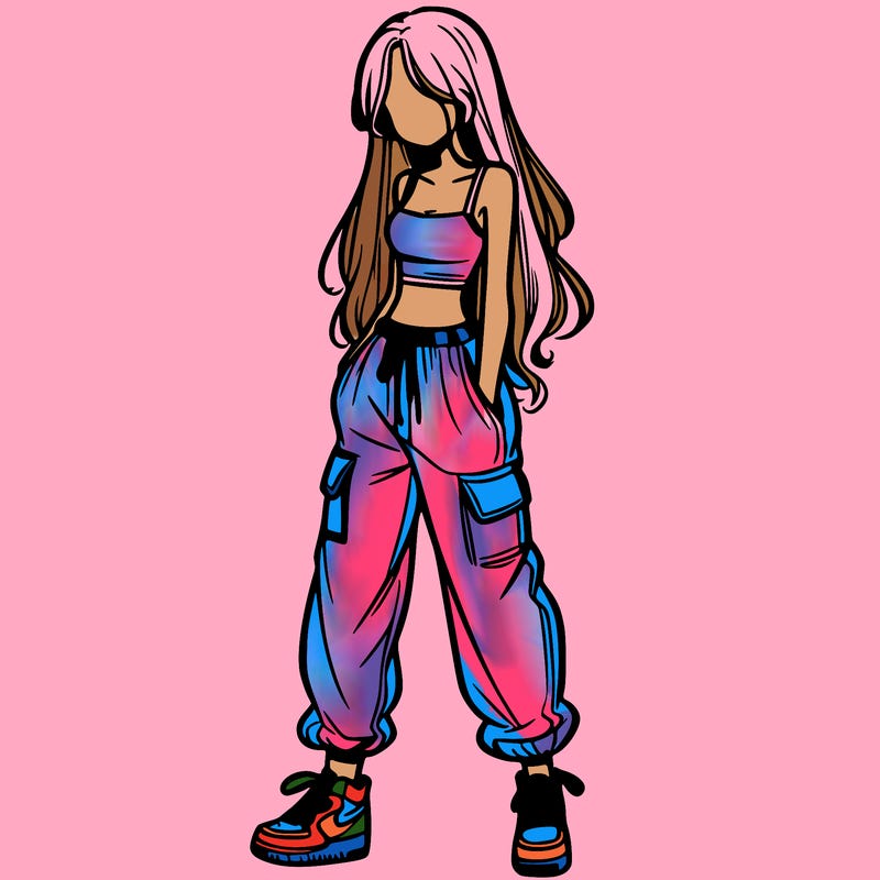 girl in baggy pants crop top and long hair