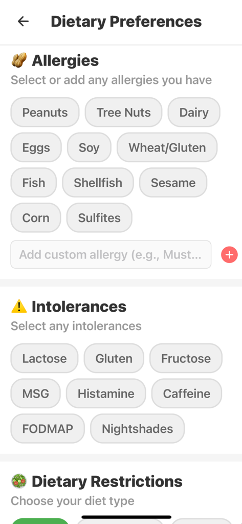 Pantalla de preferencias dietéticas con botones para seleccionar alergias e intolerancias