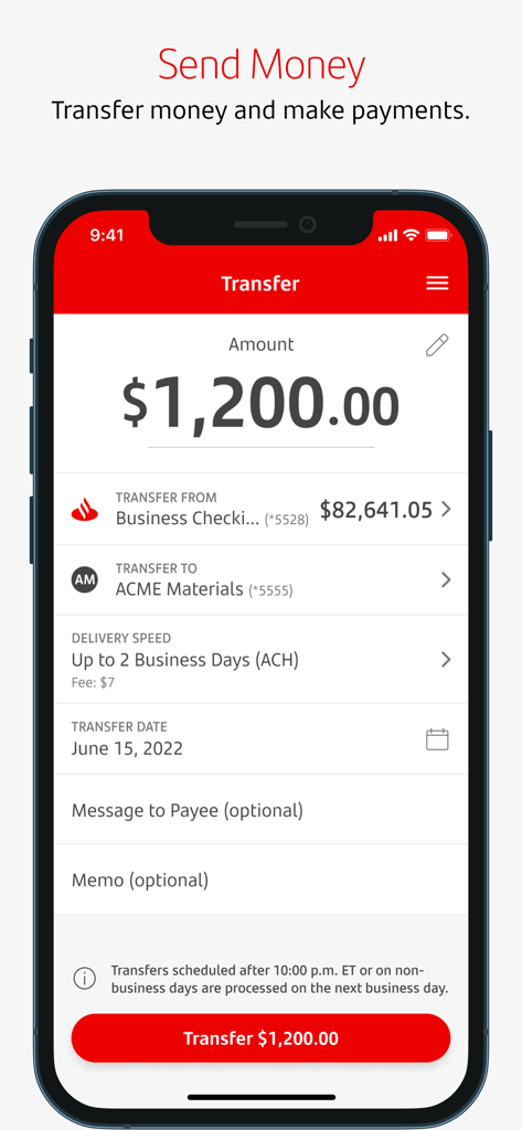 Screenshot of the Santander Business Banking app showing a money transfer interface for business payments.
