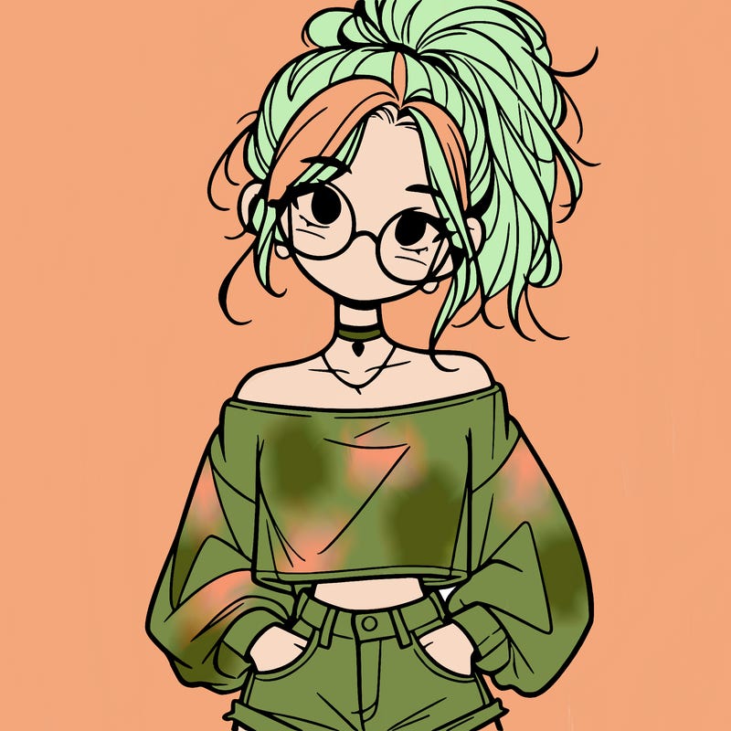 girl with a messy ponytail glasses a baggy crop top and jean shorts