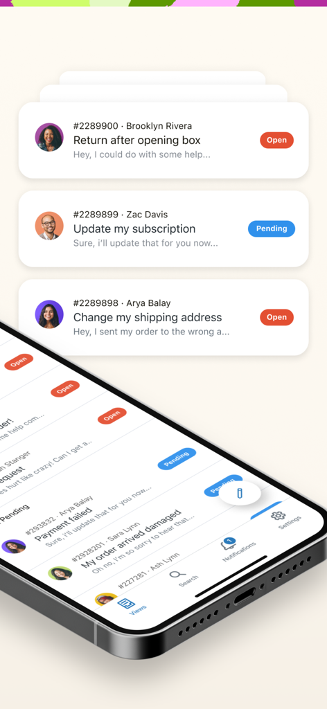 App móvel Zendesk Support mostrando uma lista de tickets de clientes com status aberto e pendente em um iPhone.