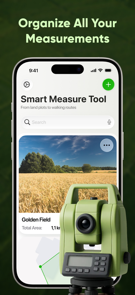 GPS fields area measure map ⁺ - Interfaz de la aplicación Medición de Área de Campos GPS mostrando una medición de terreno guardada llamada Golden Field.