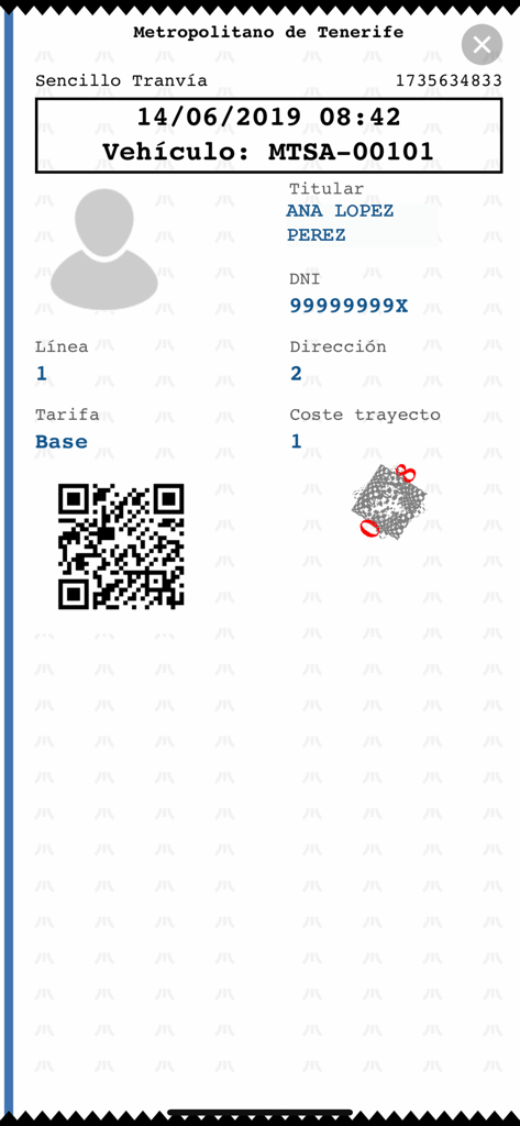 Billetede tranvía digital en la aplicación Via-Movil con un código QR y detalles del viaje