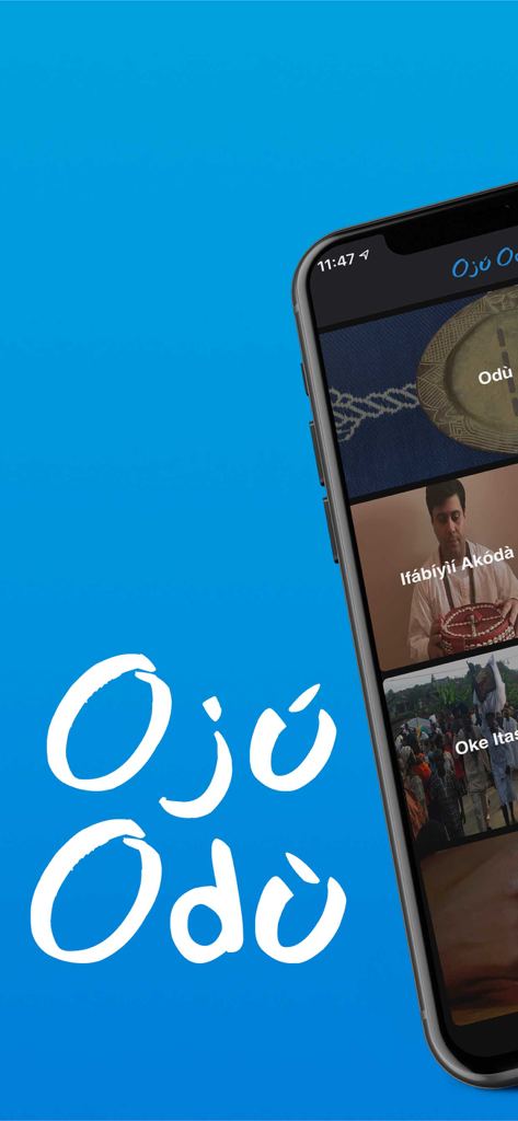 Ojú Odù - Smartphone displaying the Oju Odu app interface with categories for Yoruba religious study
