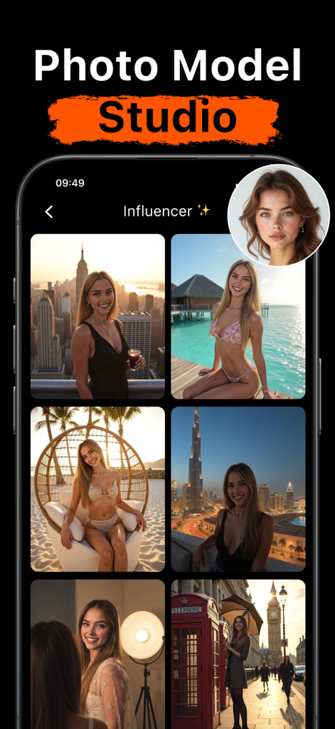 AI Face Swap - AIフェイススワップアプリの画面。様々な高級旅行先のインフルエンサーライフスタイル写真テンプレートのグリッドが表示されている。