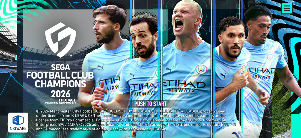 Start screen for SEGA Football Club Champions 2026 featuring Manchester City players and push to start button
