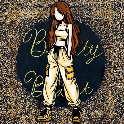 girl in baggy pants crop top and long hair