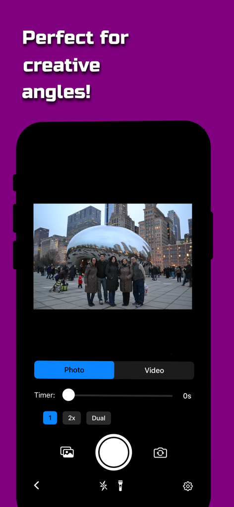 Remote Shutter: camera connect - Interfaz de la aplicación Remote Shutter mostrando una foto grupal en Cloud Gate en Chicago con ajustes de control de cámara