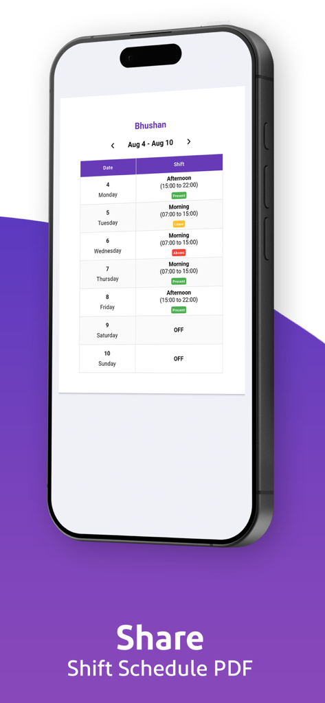 Interfaz de la aplicación móvil para Shiftwise que muestra una lista de turnos semanal para un empleado con opciones para compartir como PDF