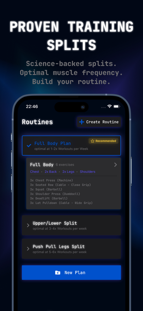 Ascend Gym Workout Tracker Log - Ascend gym app screenshot showing proven training splits including full body and push pull legs plans.