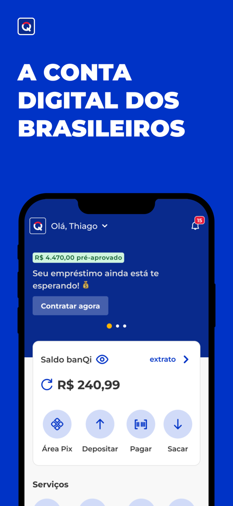 banQi - Conta Digital - banQi digital bank app dashboard showing account balance and banking options in Portuguese