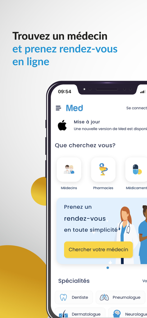 Med - Pantalla de inicio de la aplicación Med para encontrar médicos y reservar citas médicas