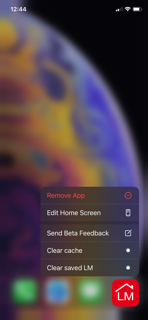 LM Home - LM Home app iOS shortcut menu showing maintenance options like clear cache and clear saved LM