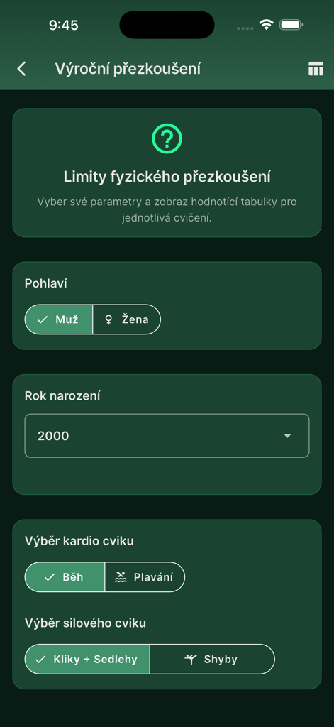 AZ Buddy app screen for selecting gender age and military fitness exercises like running and pushups