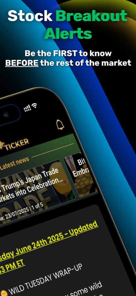 Pro Ticker Signals - Pro Ticker Signals app screen showing real time stock breakout alerts and financial news for day traders