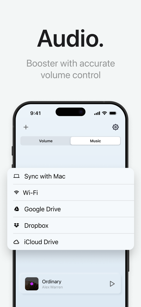 Menu de sincronização de áudio para sincronizar música e arquivos de armazenamento em nuvem no aplicativo Volume Boost