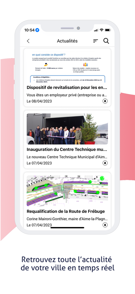Aime-la-Plagne - A smartphone screen displaying the news feed of the Aime-la-Plagne municipal app with local updates and projects