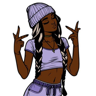 realistic teenage girl with braids and a beanie and crop top doing 🫶🏼