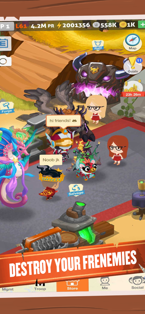 Battle Camp social gameplay showing player avatars and monsters chatting in a virtual world