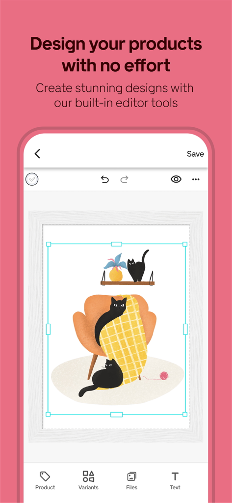 Interface do aplicativo móvel Gelato mostrando um editor de design integrado para criar arte de parede personalizada com ilustrações de gato preto.