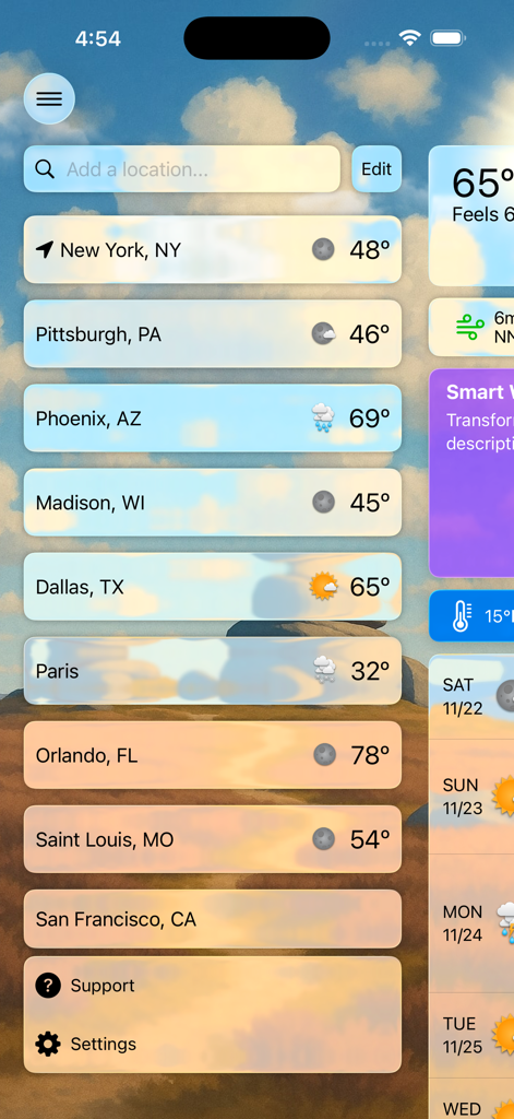 A list of weather forecasts for multiple cities in the Forecast Bar app