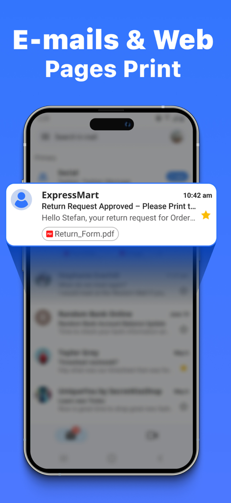 Interfaz que muestra las funciones de impresión de correo electrónico y páginas web en un smartphone
