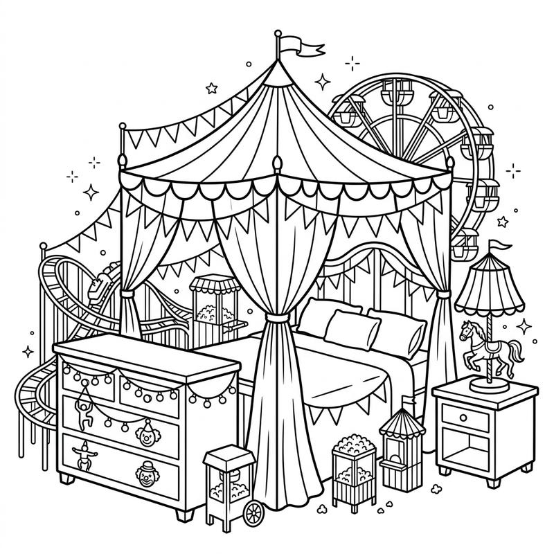 Discover a fantastical fusion of comfort and excitement with this Carnival Bedroom coloring page. It reimagines everyday bedroom furniture as a vibrant, whimsical fairground, ready for your creative touch.