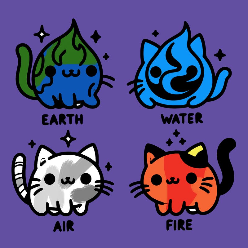 4 cats that represent the different elements, earth, water, air, and fire