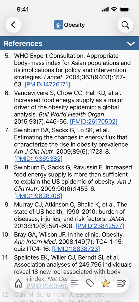 PCRM's Nutrition Guide - References section for obesity in PCRM's Nutrition Guide app showing peer-reviewed medical citations