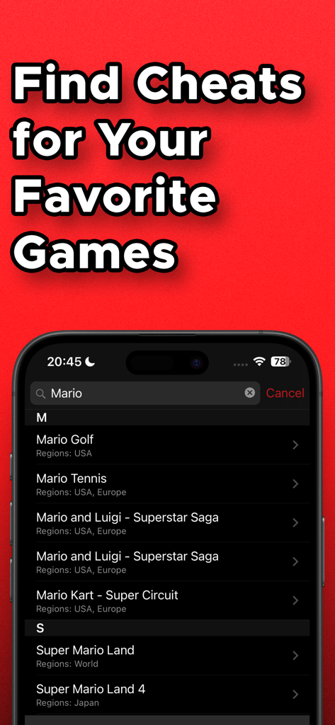 Cheat Boy: Cheats for Games - Search results for Mario game cheats within the Cheat Boy mobile app.