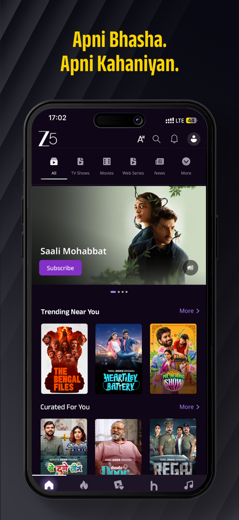 Pantalla de inicio de la aplicación móvil ZEE5 que presenta películas y programas de TV del sur de Asia con categorías de contenido de moda y curadas