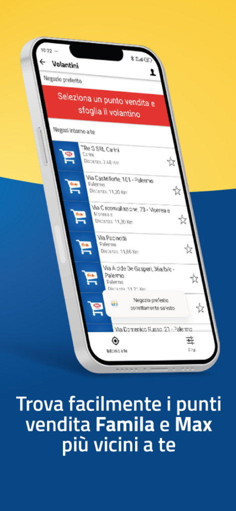 Mondo Mizzica - Schermata dell'app Mondo Mizzica che mostra un elenco di supermercati Famila e Max nelle vicinanze con le distanze