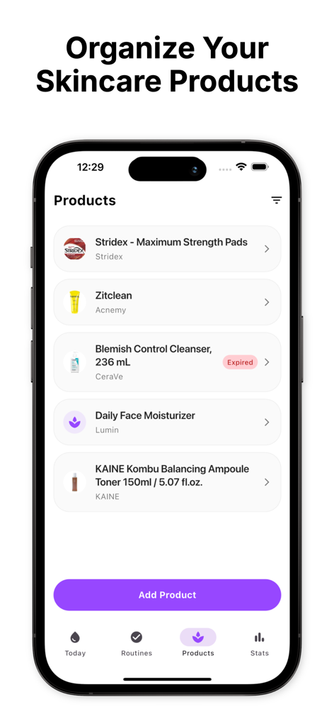 Mobile screen showing a list of organized skincare products with an expiration alert and add product button