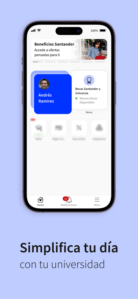 Mi Campus Digital UTC - Mi Campus Digital UTC app home screen showing student profile and Santander university benefits