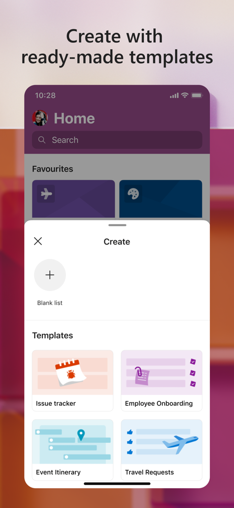 Interface do aplicativo Microsoft Lists mostrando modelos prontos para rastreamento de problemas e integração de funcionários.